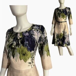 NWT Knee-Length A-Line Dress Round Neck 3/4 Sleeves Floral‎ Print Belted